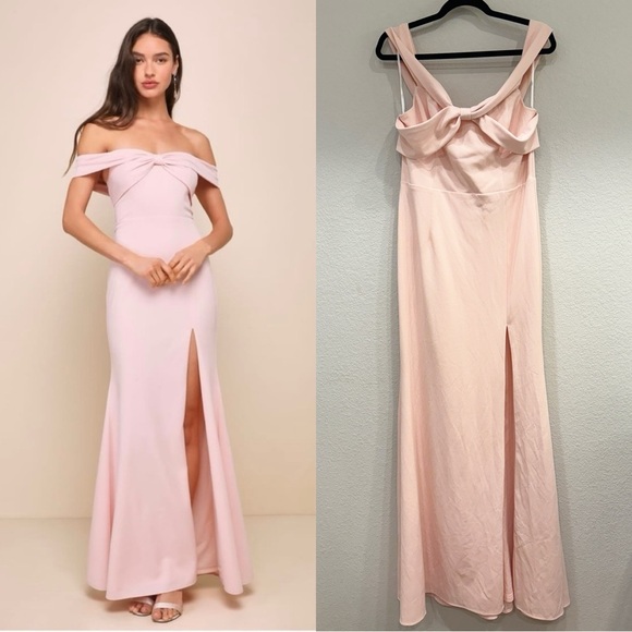 NWOT Lulus Elegant Perception‎ Light Pink Off-the-Shoulder Bow Maxi Dress - Picture 1 of 8